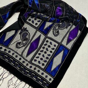 Whimsigoth Vintage 70s Silk and Viscose Black Multi-Color Scarf with Fringe